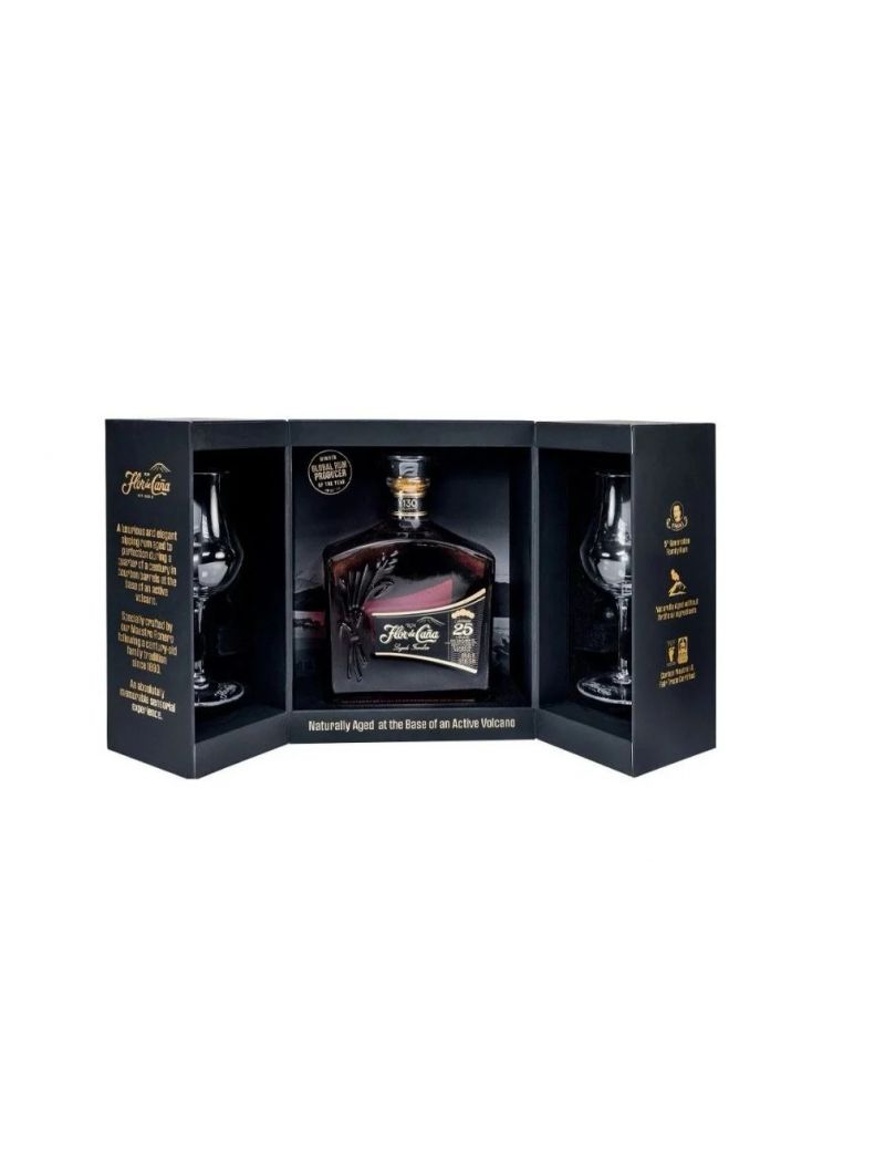 Flor de Cana - Rum Ron Centanario 25 y Slow Aged Volcano Special Pack con Biccheri 0,70 lt. + Box